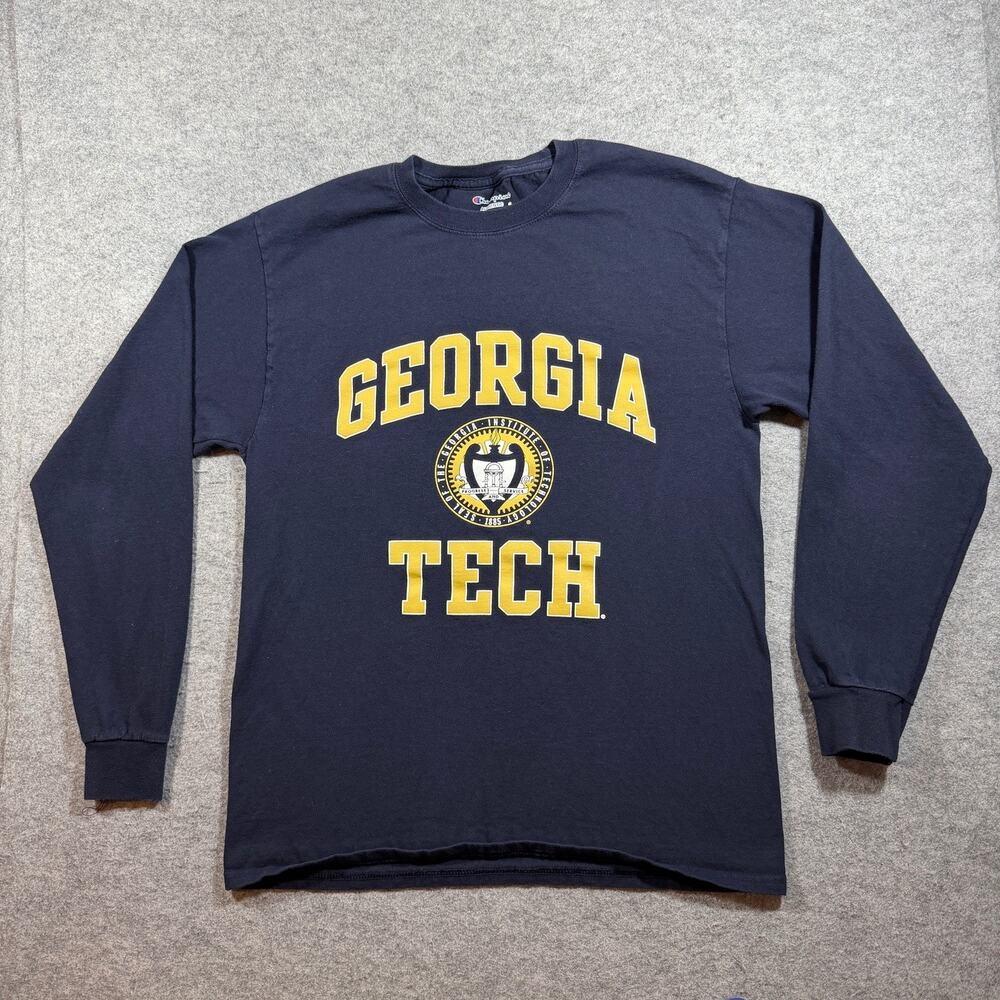 Champion Georgia Tech Yellow Jackets Long Sleeve Shirt Mens M Navy Crew Neck